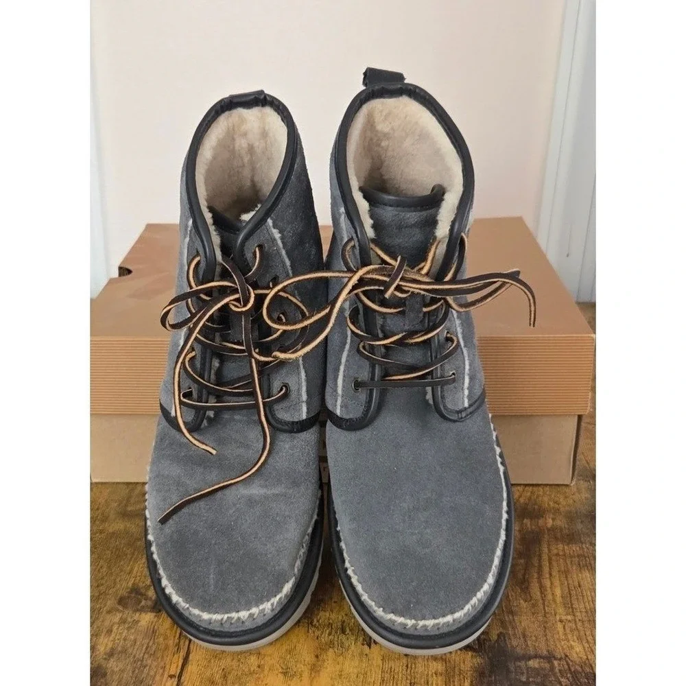 UGG Australia Mens Harkley Stitch Lace Suede Boots Charcoal Grey 1008558 Size 10